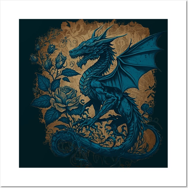 blue rose and dragon Wall Art by Mailson